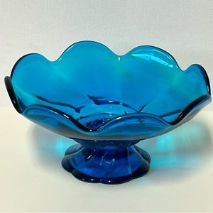 Vintage Blue Glass Footed Pedestal Compote Candlestick Dish Bowl 6"w x 3"t